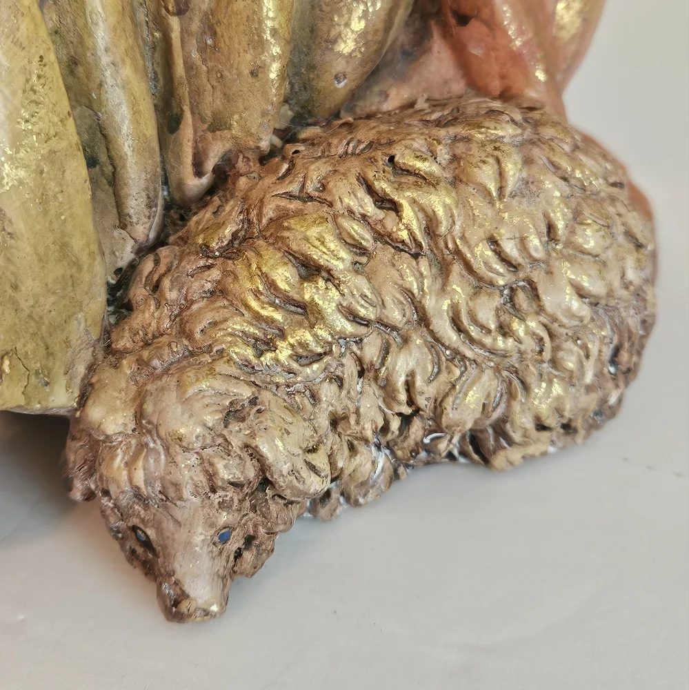 Vintage Gilded Shepard Boy and Sheep Resin Figurine